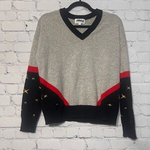 PRVLG Thread of Privilege Cashmere V-Neck Sweater Sz XS Gray Black Yellow Stars